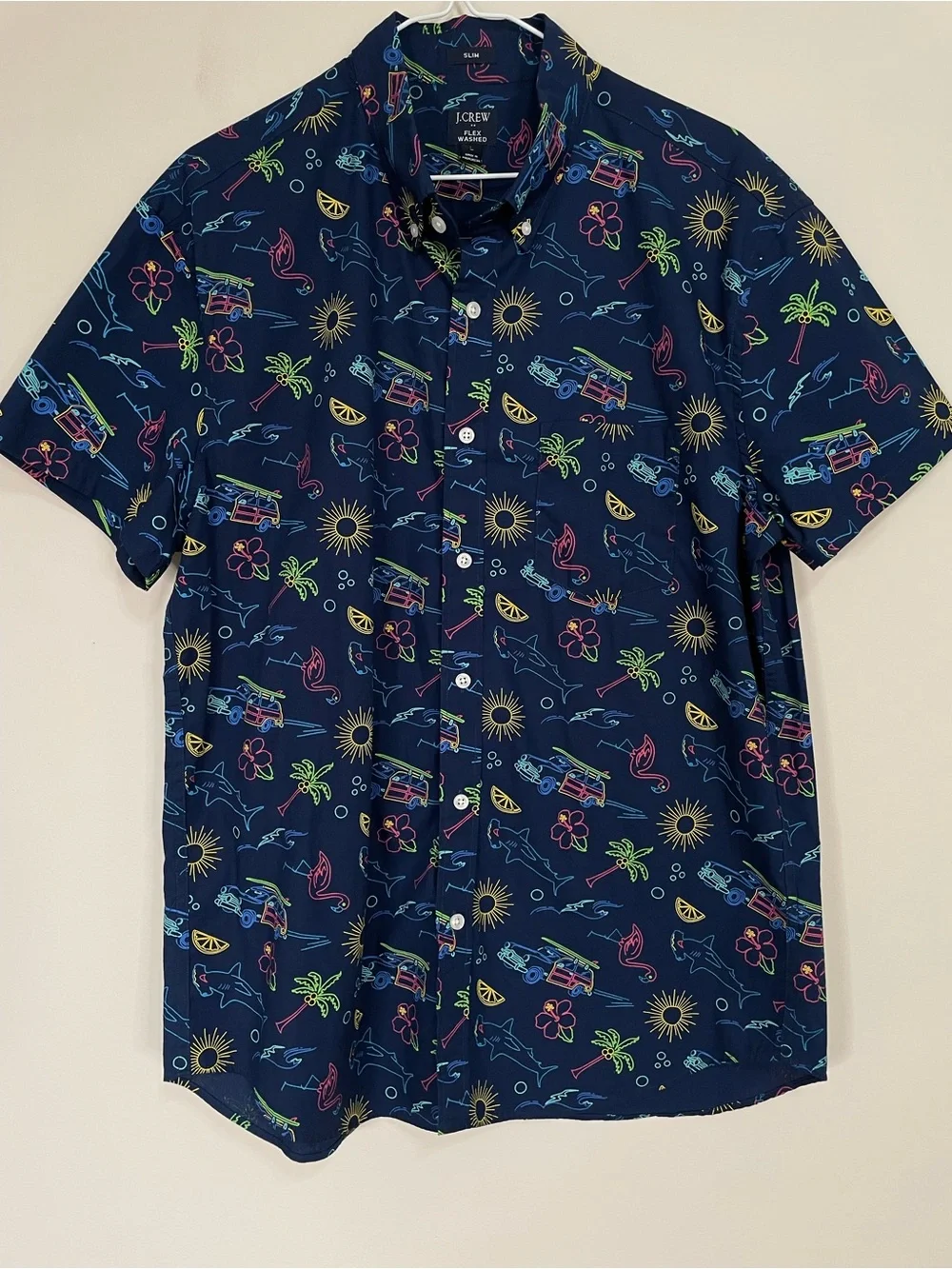 J. Crew Men's Navy Short-Sleeve Neon Tropical Print Shirt Size L